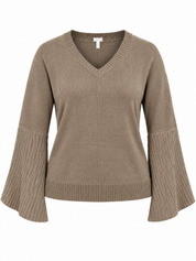  MISSY Women's Taupe Brown V-Neck Knitted Jumper in UK Size 3XL. Stylish bell sleeves, ribbed cuffs and a comfortable plus-size fit.