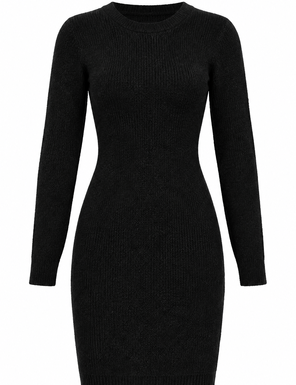  MNG black ribbed knit sweater dress in UK size L. Stylish fitted design with long sleeves and classic round neckline, perfect for versatile everyday styling.