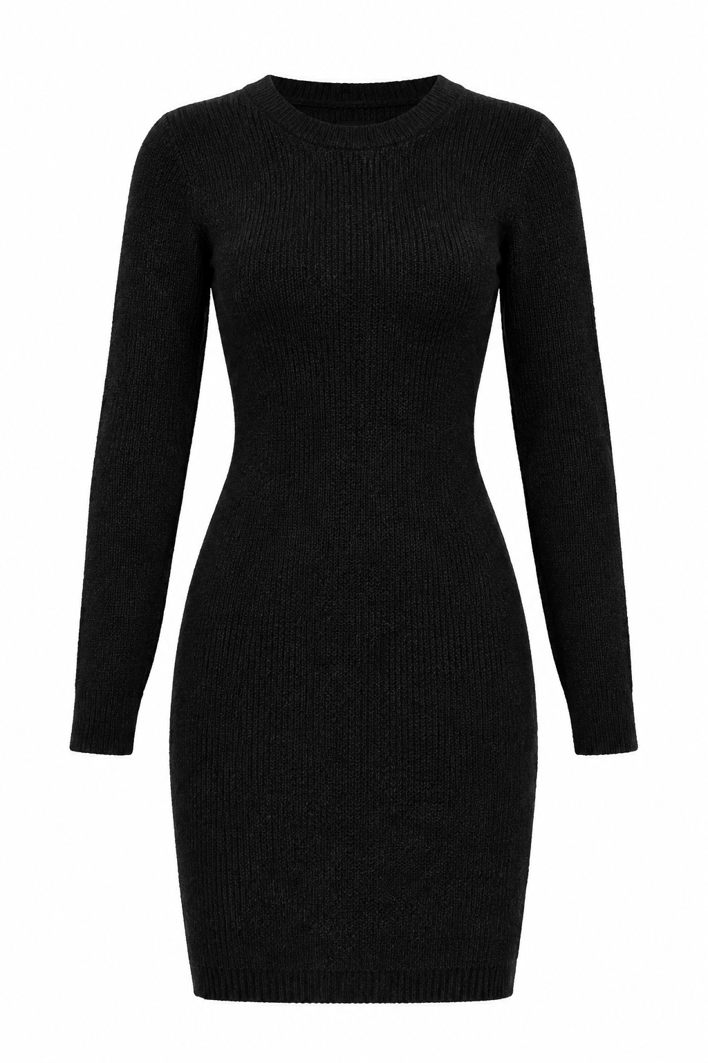  MNG black ribbed knit sweater dress in UK size L. Stylish fitted design with long sleeves and classic round neckline, perfect for versatile everyday styling.