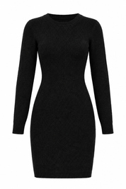  MNG black ribbed knit sweater dress in UK size L. Stylish fitted design with long sleeves and classic round neckline, perfect for versatile everyday styling.