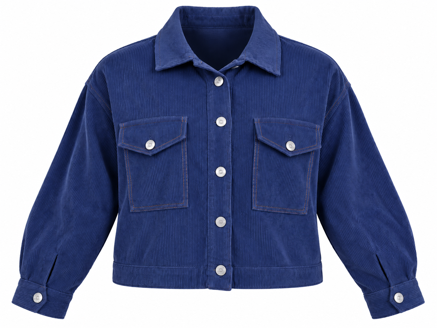 MNG Women's Navy Blue Corduroy Cropped Jacket in UK Size 4XL. Features silver buttons, flap pockets and a relaxed fit. Perfect for casual layering.