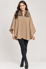 Modena Women Camel Faux Fur Collar Cape Poncho