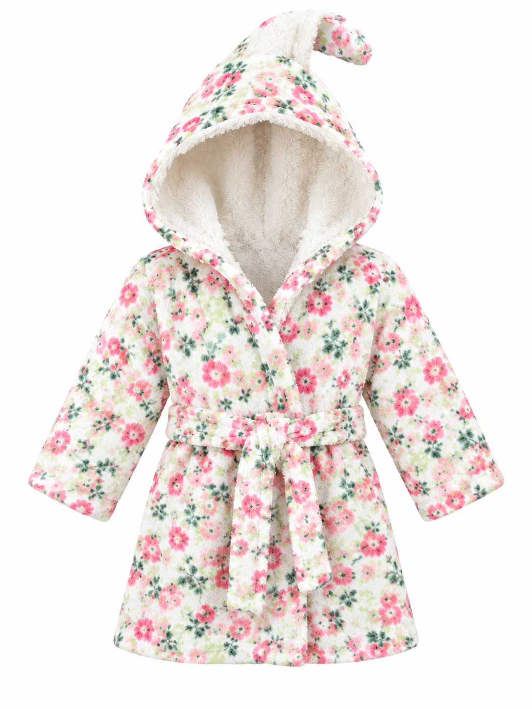 Modern Baby floral hooded dressing gown in UK 6 months. Soft plush baby bathrobe with cute hood, floral print and matching waist belt.