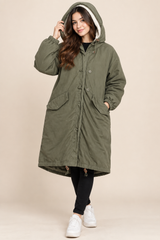 MONKI Women Olive Green Long Hooded Parka Coat