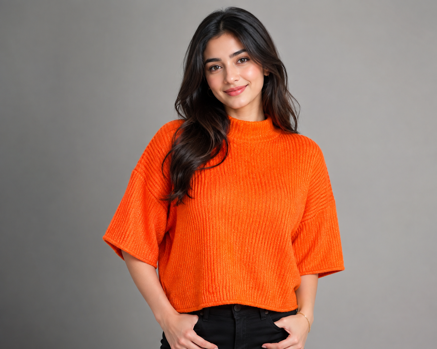  Monki women’s bright orange ribbed knit mock neck sweater in UK size L. Stylish relaxed fit, wide sleeves and vibrant orange colour.