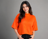 Monki Womens Bright Orange Ribbed Knit Mock Neck Sweater
