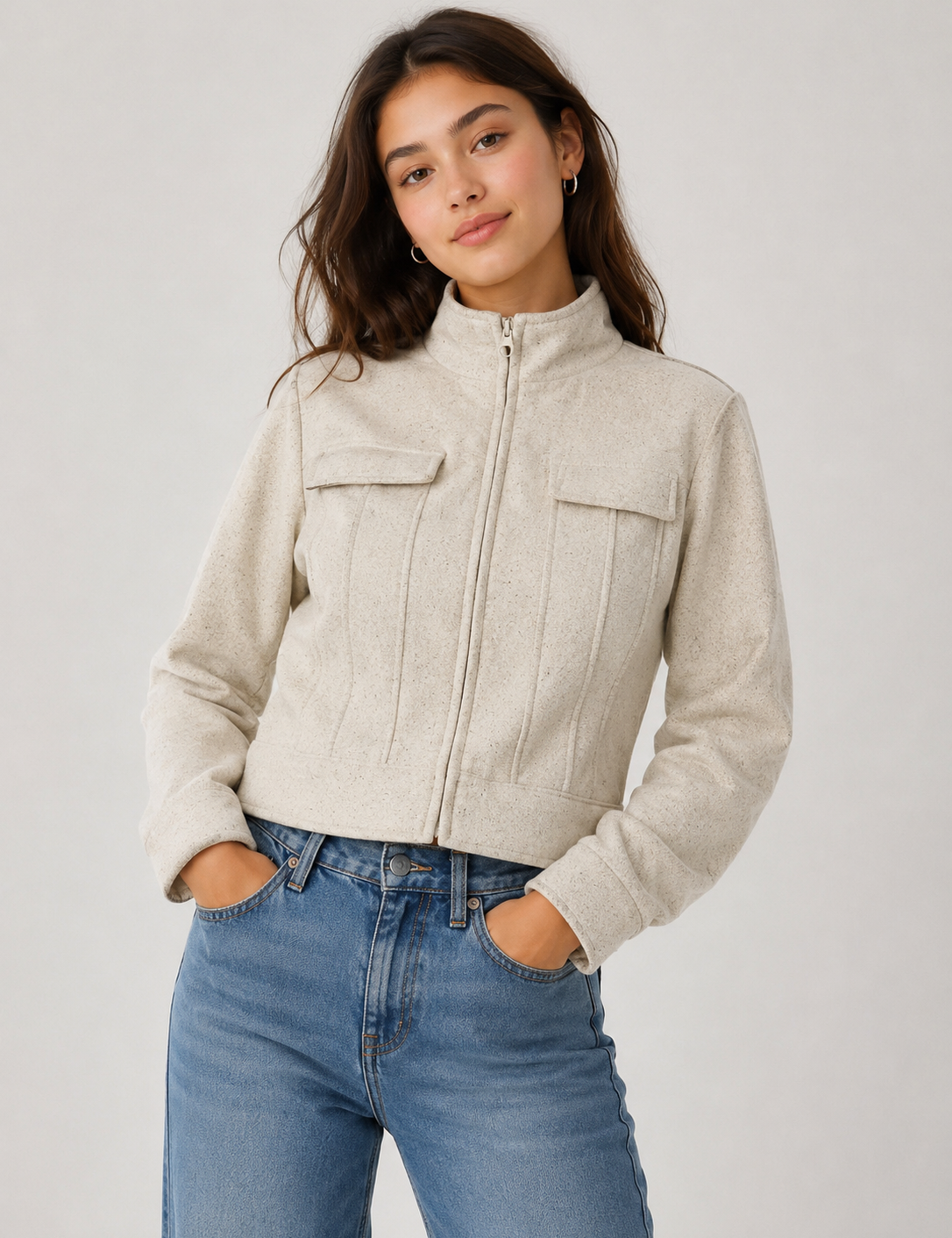 MONNARI women's cream textured zip-up jacket with high neck, chest pockets and structured detailing. Available in UK sizes 12–14. 4-star rated.