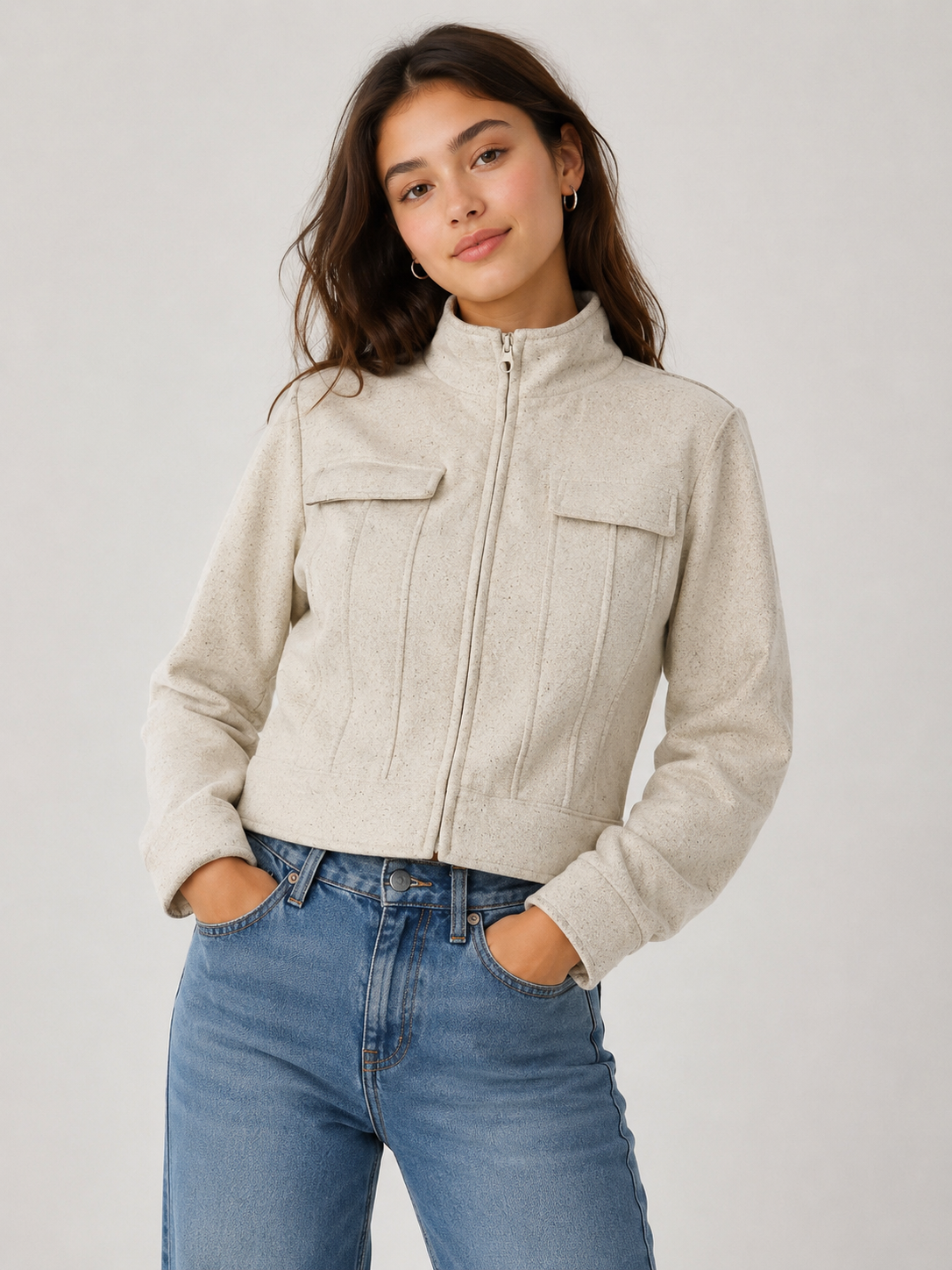 MONNARI women's cream textured zip-up jacket with high neck, chest pockets and structured detailing. Available in UK sizes 12–14. 4-star rated.