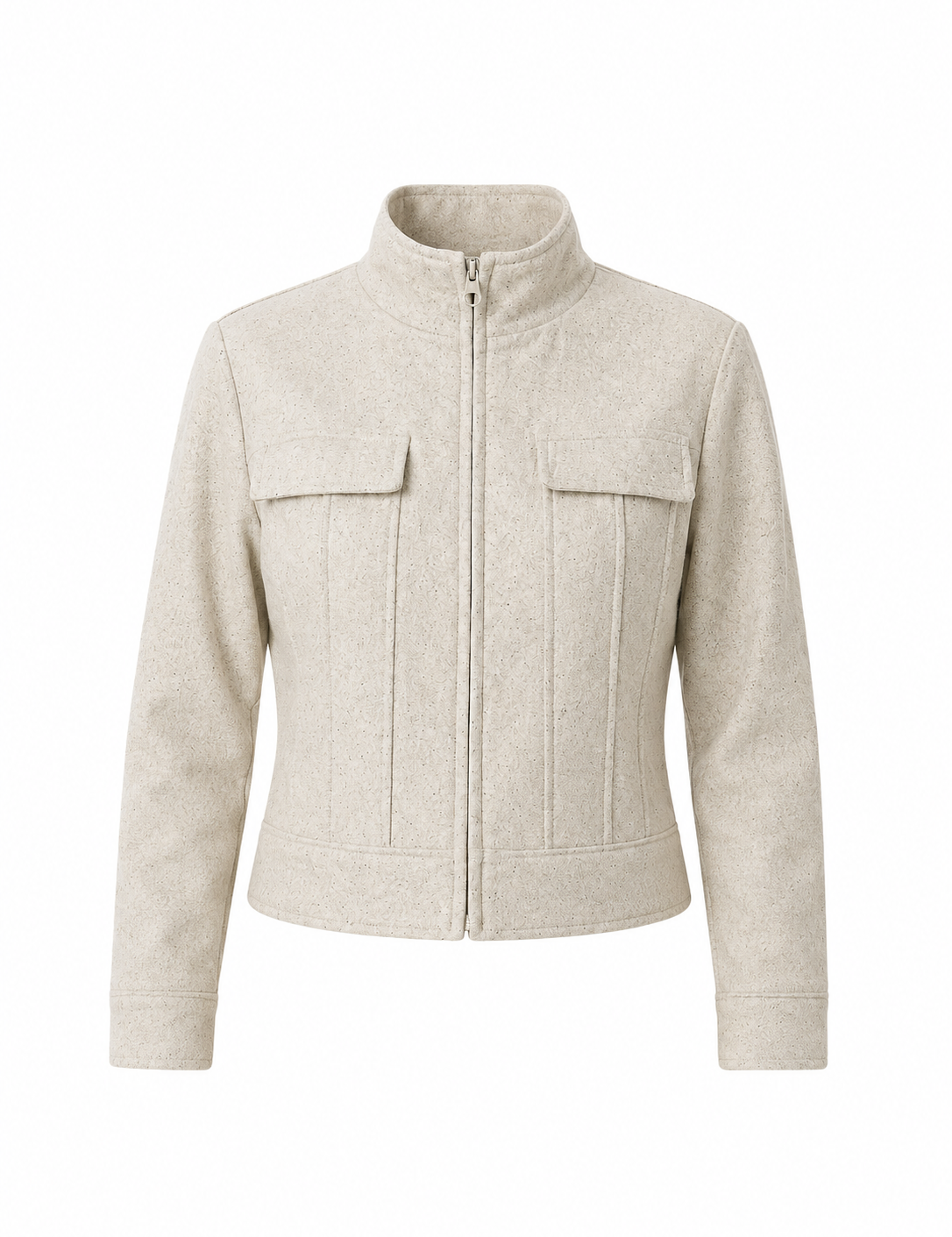 MONNARI women's cream textured zip-up jacket with high neck, chest pockets and structured detailing. Available in UK sizes 12–14. 4-star rated.