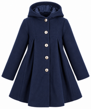 MONSOON Girls Navy Blue Hooded Flared Coat in UK size 11–12 years. Stylish button-front winter coat with an elegant flared design.