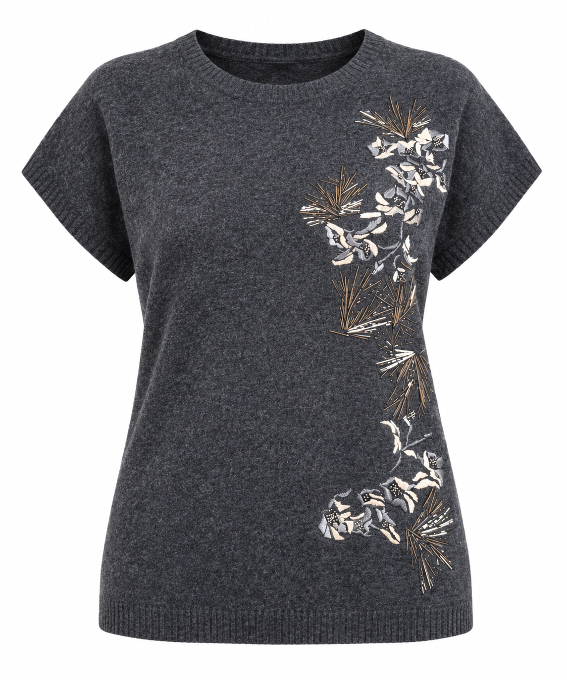 MONSOON women’s charcoal grey floral embroidered knit top in UK Size L. Stylish short sleeves, round neck and elegant botanical detailing.