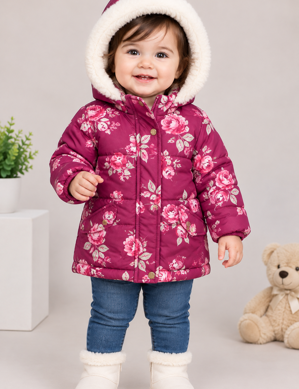  Mothercare baby girls’ floral padded winter coat in magenta pink, featuring a cosy faux-fur hood and quilted design. UK size 12–18 months.