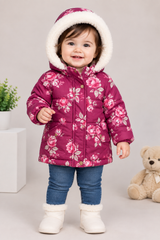 Mothercare Baby Girls Floral Padded Winter Coat with Faux Fur Hood