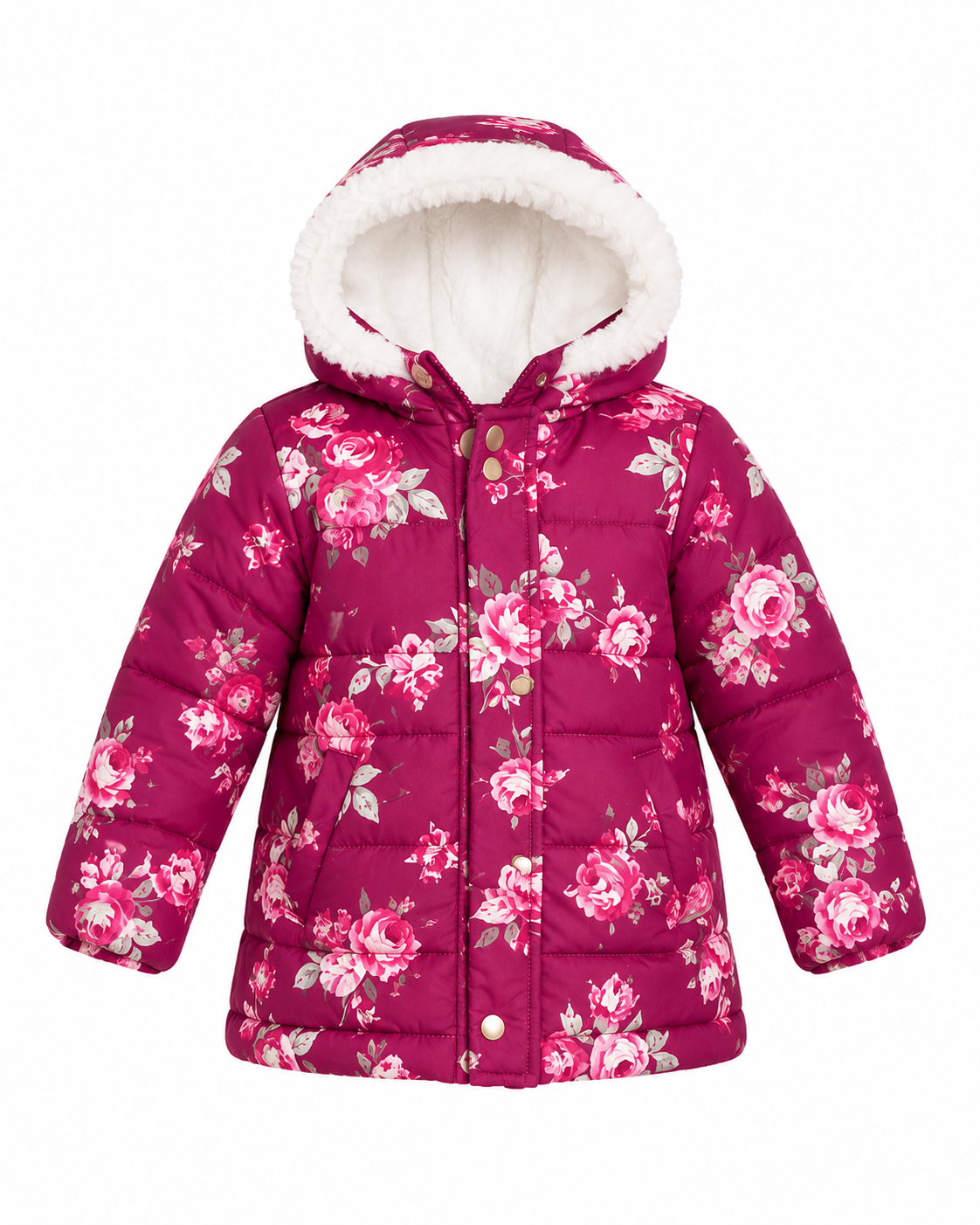  Mothercare baby girls’ floral padded winter coat in magenta pink, featuring a cosy faux-fur hood and quilted design. UK size 12–18 months.