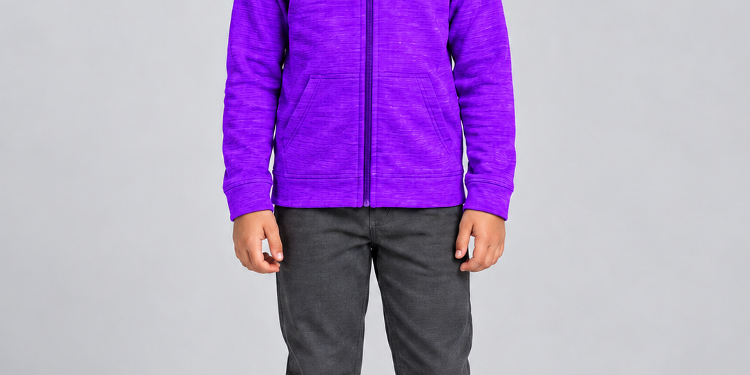  Mountain Warehouse boys’ purple zip-up hoodie, age 7–8 years. Heathered design with a hood, long sleeves and two front pockets for everyday wear.
