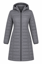  Mountain Warehouse women’s grey hooded quilted puffer coat, UK size 12. Warm padded design with hood, full zip and practical pockets. ⭐ 4/5 rated.