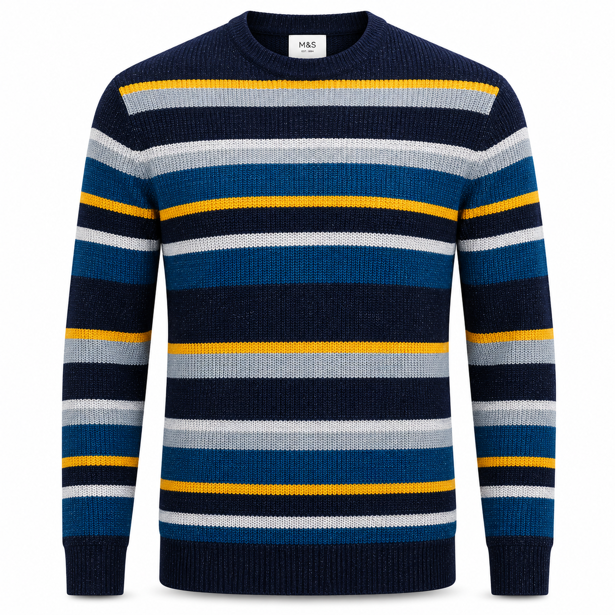 A striped knit crewneck sweater with horizontal bands of navy, blue, light gray, and yellow, shown on a plain white background.