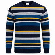 A striped knit crewneck sweater with horizontal bands of navy, blue, light gray, and yellow, shown on a plain white background.