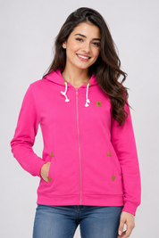  My Dressn Room Women’s Pink Zip-Up Hoodie featuring a hood, white drawstrings, full zipper, long sleeves, and practical pockets. Stylish and comfortable for everyday casual wear.