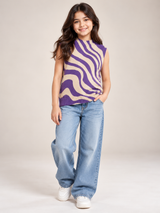 NA-KD Girls Purple & Cream Wavy Print Sleeveless Knitted Vest Top