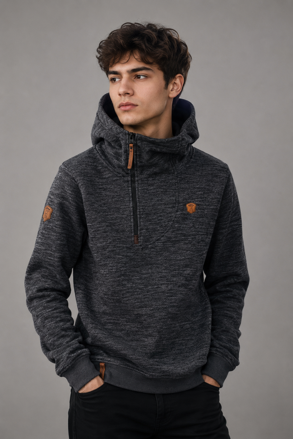 NAKETANO boys' charcoal grey hooded sweatshirt in UK size M, featuring a textured finish, half-zip front, high hood and stylish tan detailing.