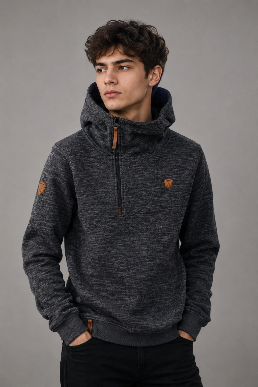 NAKETANO boys' charcoal grey hooded sweatshirt in UK size M, featuring a textured finish, half-zip front, high hood and stylish tan detailing.