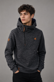 NAKETANO boys' charcoal grey hooded sweatshirt in UK size M, featuring a textured finish, half-zip front, high hood and stylish tan detailing.