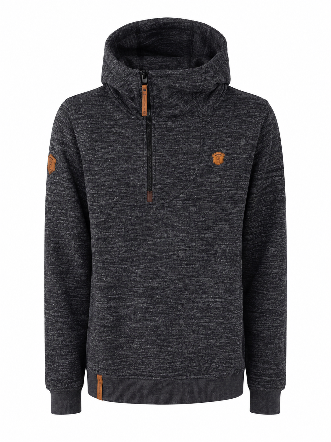 NAKETANO boys' charcoal grey hooded sweatshirt in UK size M, featuring a textured finish, half-zip front, high hood and stylish tan detailing.