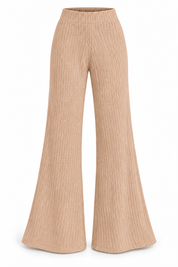  Nasty Gal women’s nude ribbed flared trousers in UK size 8, featuring an elasticated waistband and full-length silhouette for easy everyday styling.