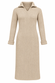  the NEW COLLECTION beige ribbed knit midi dress in UK Size L. Soft, stylish and flattering with long sleeves and a high neck—perfect for winter outfits.