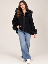 New Collection Women's Black Ribbed Knit Faux Fur Hooded Zip-Up Cardigan