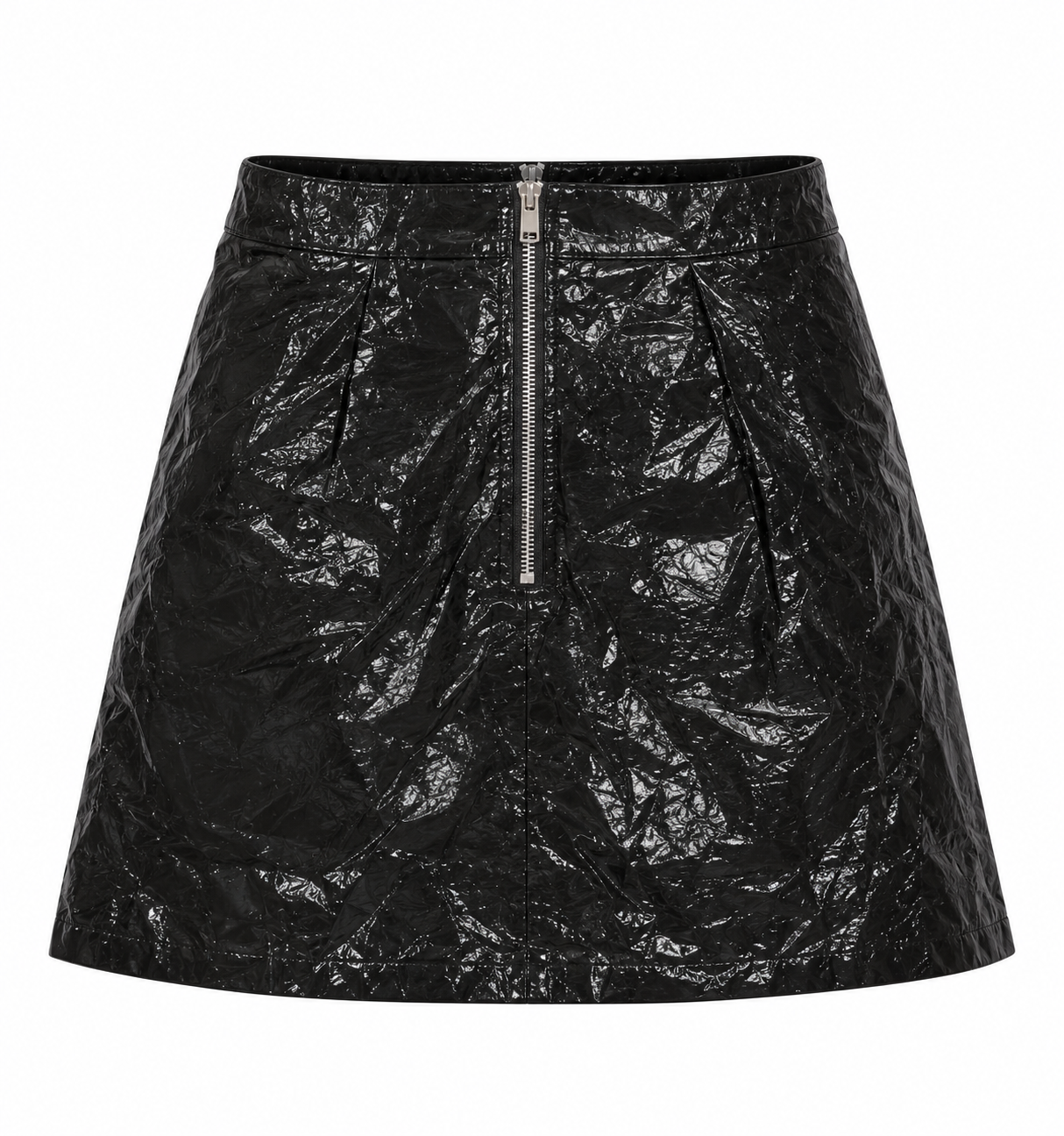   New Look black glossy faux leather mini skirt, UK Size 10. Featuring a crinkle-effect finish, front zip fastening and stylish A-line shape.