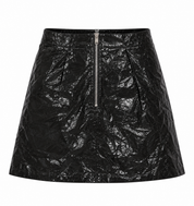   New Look black glossy faux leather mini skirt, UK Size 10. Featuring a crinkle-effect finish, front zip fastening and stylish A-line shape.