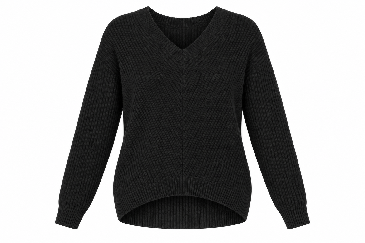   New Look black ribbed V-neck jumper in UK size M. A stylish long-sleeve knit with a flattering curved hem, perfect for everyday winter layering.