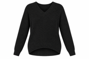   New Look black ribbed V-neck jumper in UK size M. A stylish long-sleeve knit with a flattering curved hem, perfect for everyday winter layering.