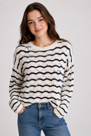 NEW LOOK cream and navy blue wavy stripe knit jumper for women, UK size M. Stylish open-knit design with long sleeves, perfect for casual everyday wear.
