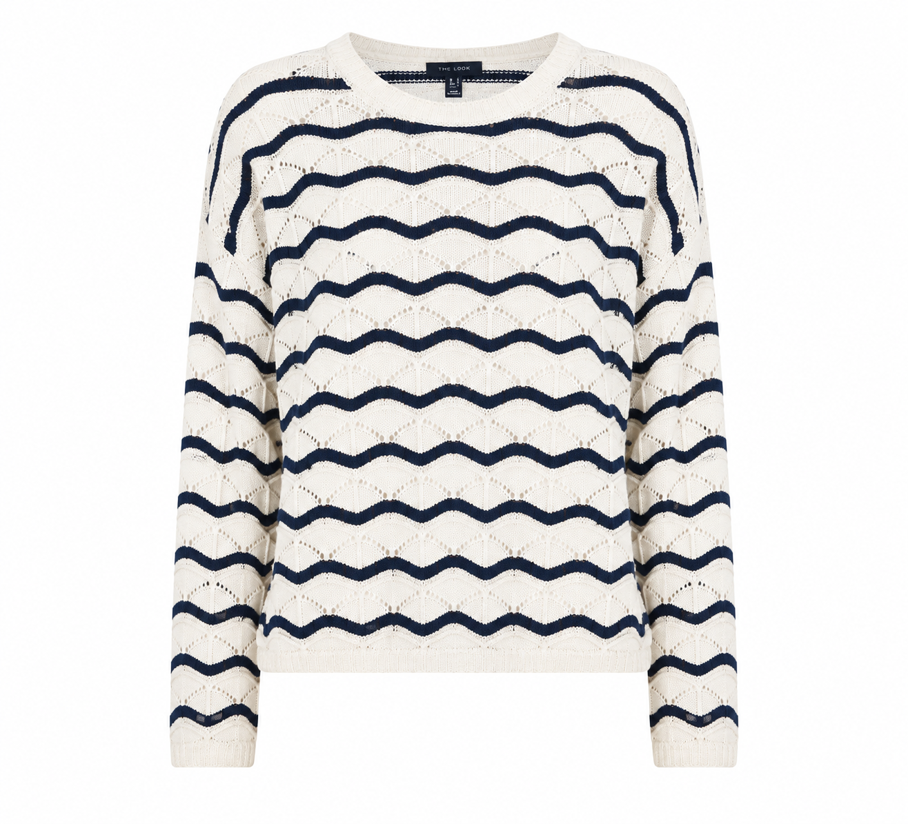  NEW LOOK cream and navy blue wavy stripe knit jumper for women, UK size M. Stylish open-knit design with long sleeves, perfect for casual everyday wear.