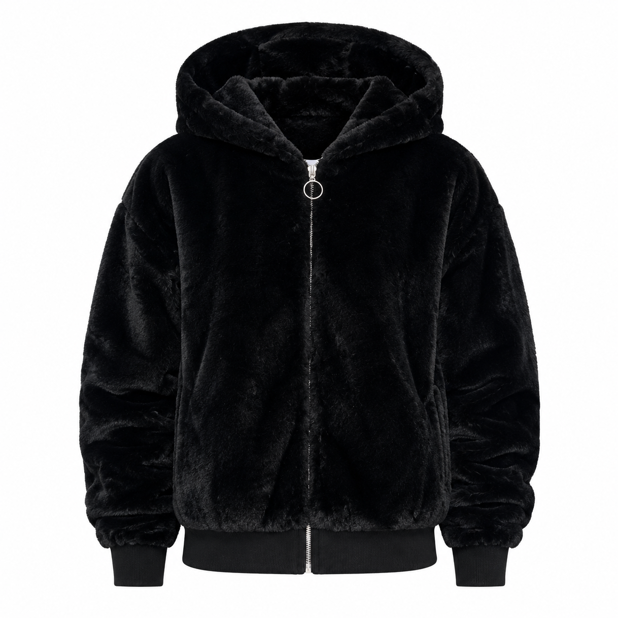  New Look girls' black faux fur hooded jacket in UK size 10-11. Soft, cosy and stylish zip-up jacket, perfect for everyday and winter wear.