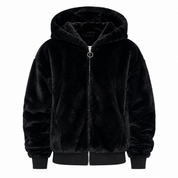  New Look girls' black faux fur hooded jacket in UK size 10-11. Soft, cosy and stylish zip-up jacket, perfect for everyday and winter wear.