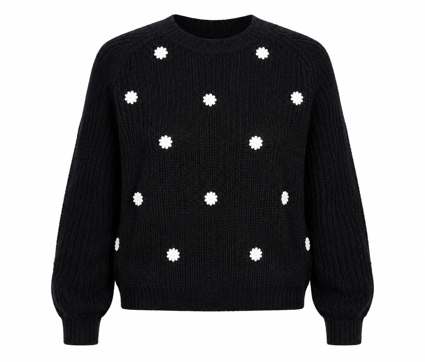  New Look girls’ black knitted jumper in UK size 10 with cute white floral details. Stylish, comfortable and perfect for casual everyday outfits.