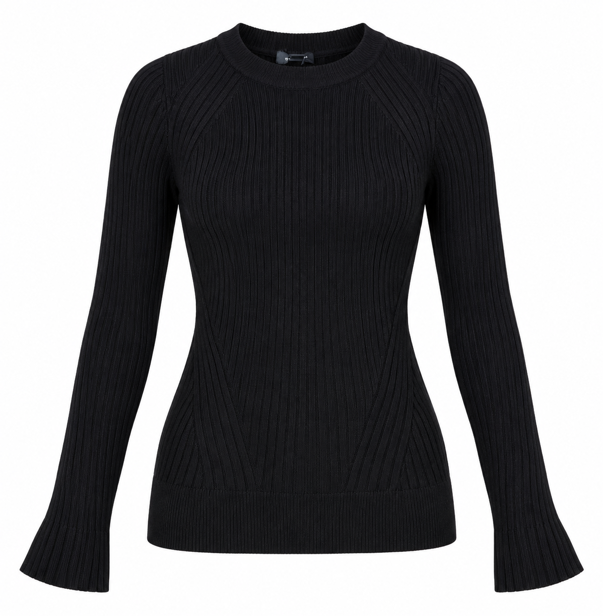 NEW LOOK Black Ribbed Knit Jumper in UK Size S. Stylish round neck design with long flared sleeves, perfect for casual and everyday wear.