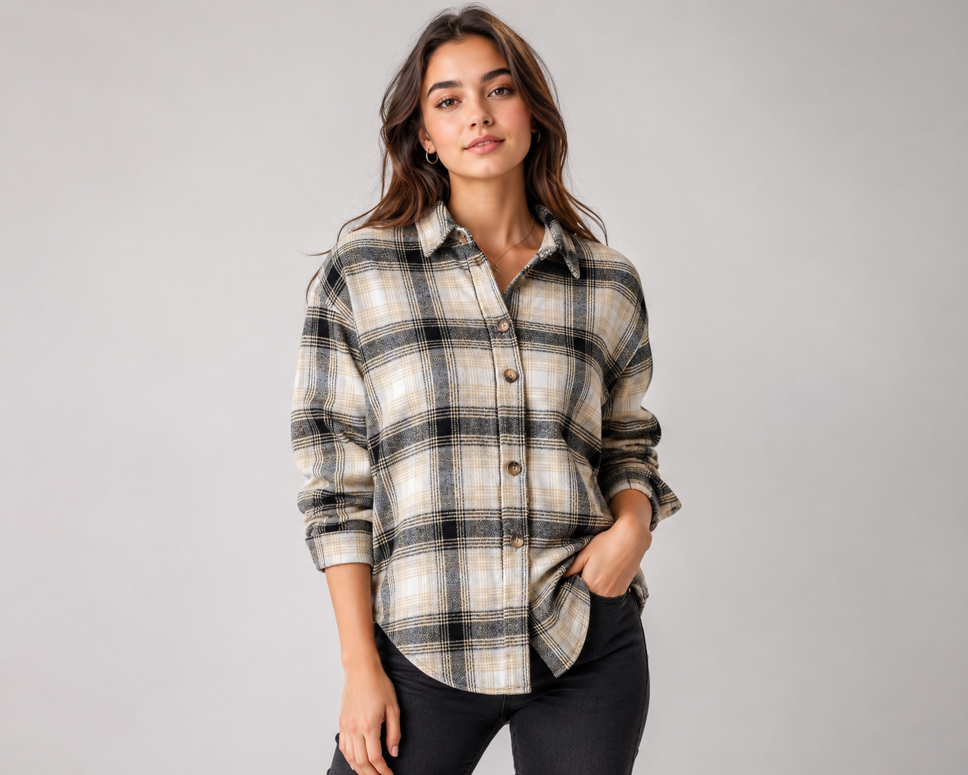  NEW LOOK Girls Checked Flannel Overshirt featuring a soft brushed fabric, timeless cream and black plaid design, long sleeves, and a comfortable fit. A perfect layering piece for casual everyday wear.
