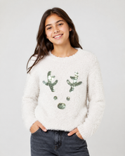  New Look Girls Cream Fluffy Reindeer Christmas Jumper in UK Size 8. Soft, cozy long-sleeve knit with a cute festive design, perfect for winter.