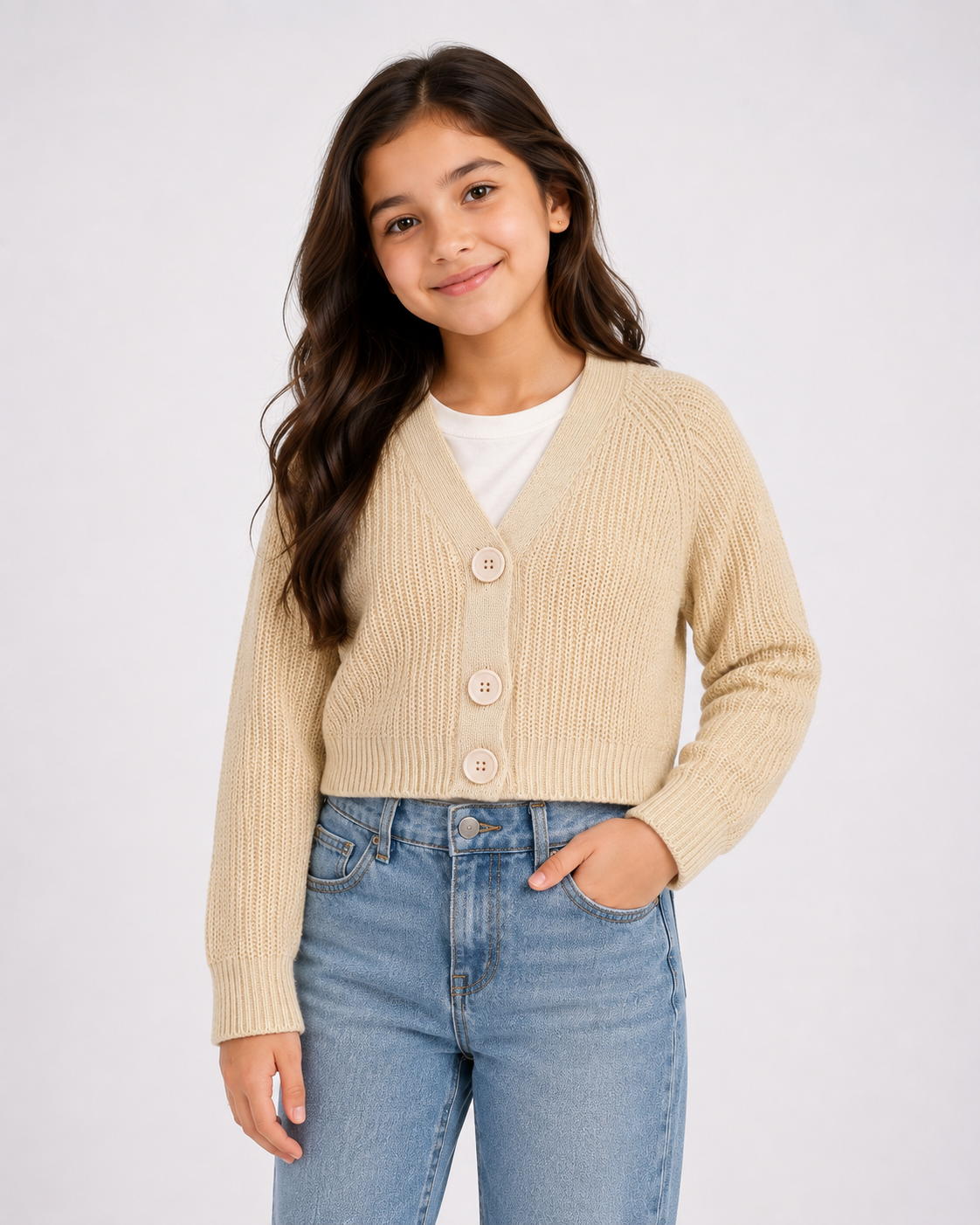  the New Look Girls’ Oatmeal Knit Cropped Cardigan, UK size 10–11. Featuring a V-neck, button front, long sleeves and stylish textured knit design.