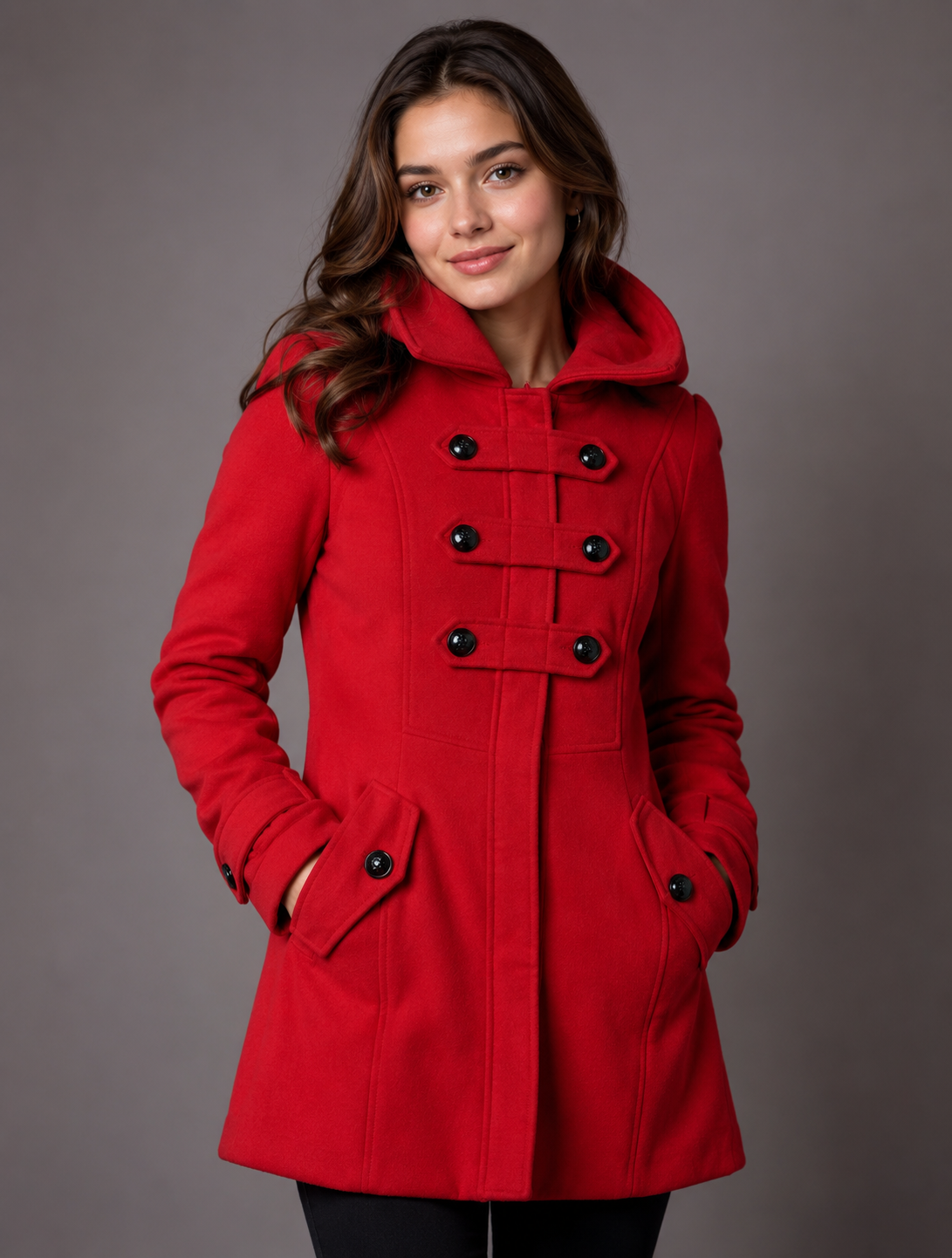  New Look Girls Red Hooded Coat, UK Size 14. Stylish winter coat with cosy hood, front fastening and practical pockets.