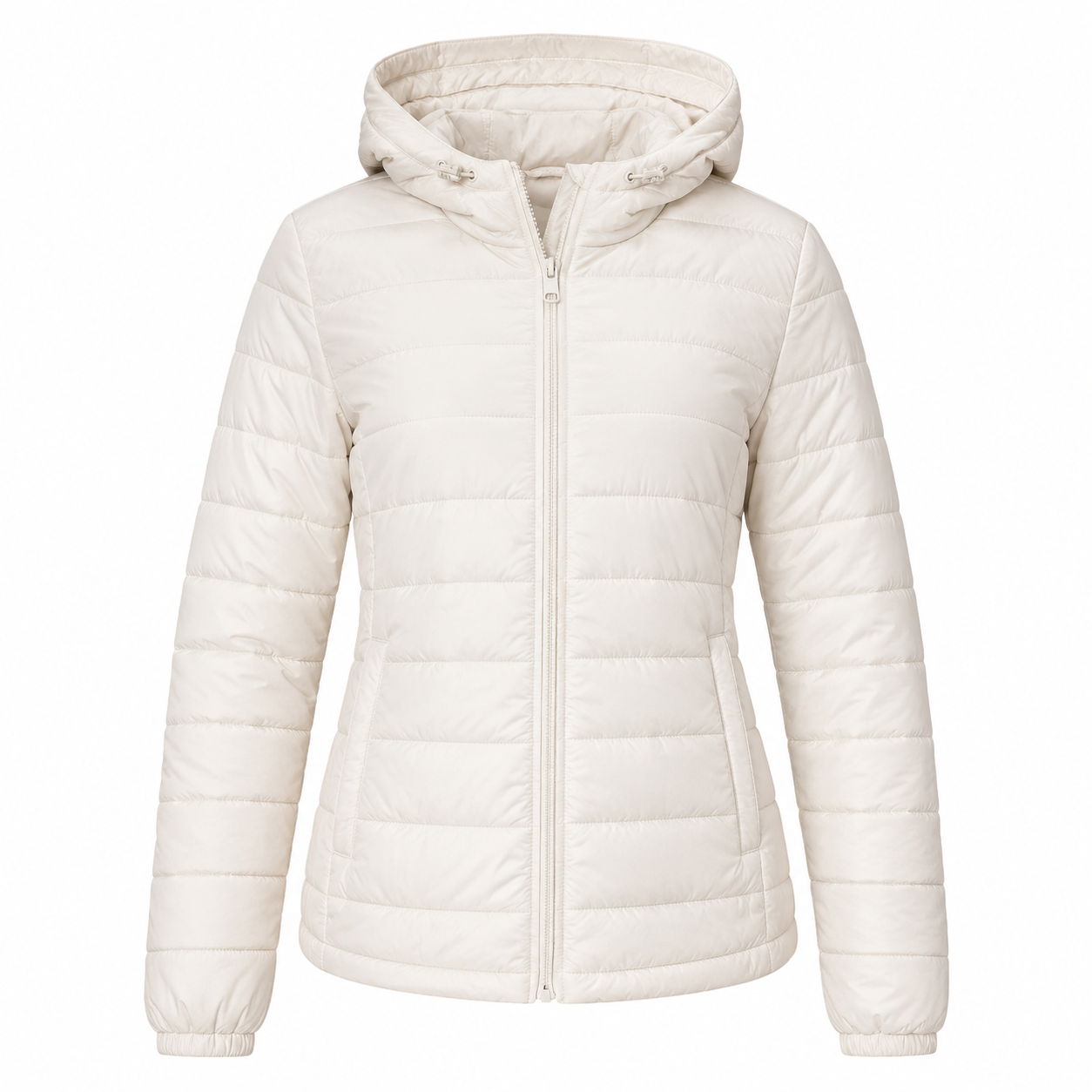 NEW LOOK Ivory Quilted Hooded Puffer Jacket in UK Size 10. Stylish padded design with hood, zip fastening and side pockets, perfect for everyday winter and casual wear.