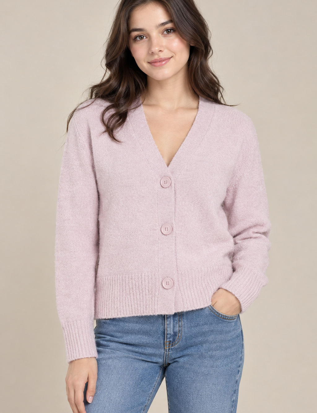 NEW LOOK ladies’ pink knitted cardigan in UK Size S. V-neck, button-front design with long sleeves and ribbed trims. Perfect for casual layering.