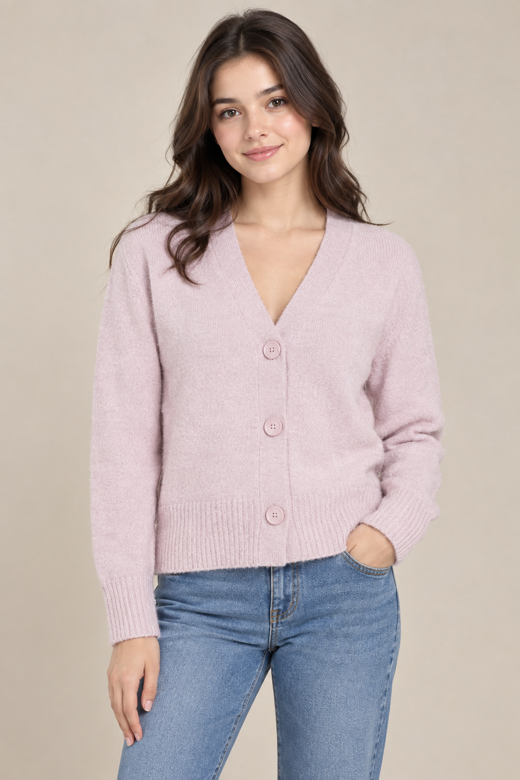 NEW LOOK ladies’ pink knitted cardigan in UK Size S. V-neck, button-front design with long sleeves and ribbed trims. Perfect for casual layering.