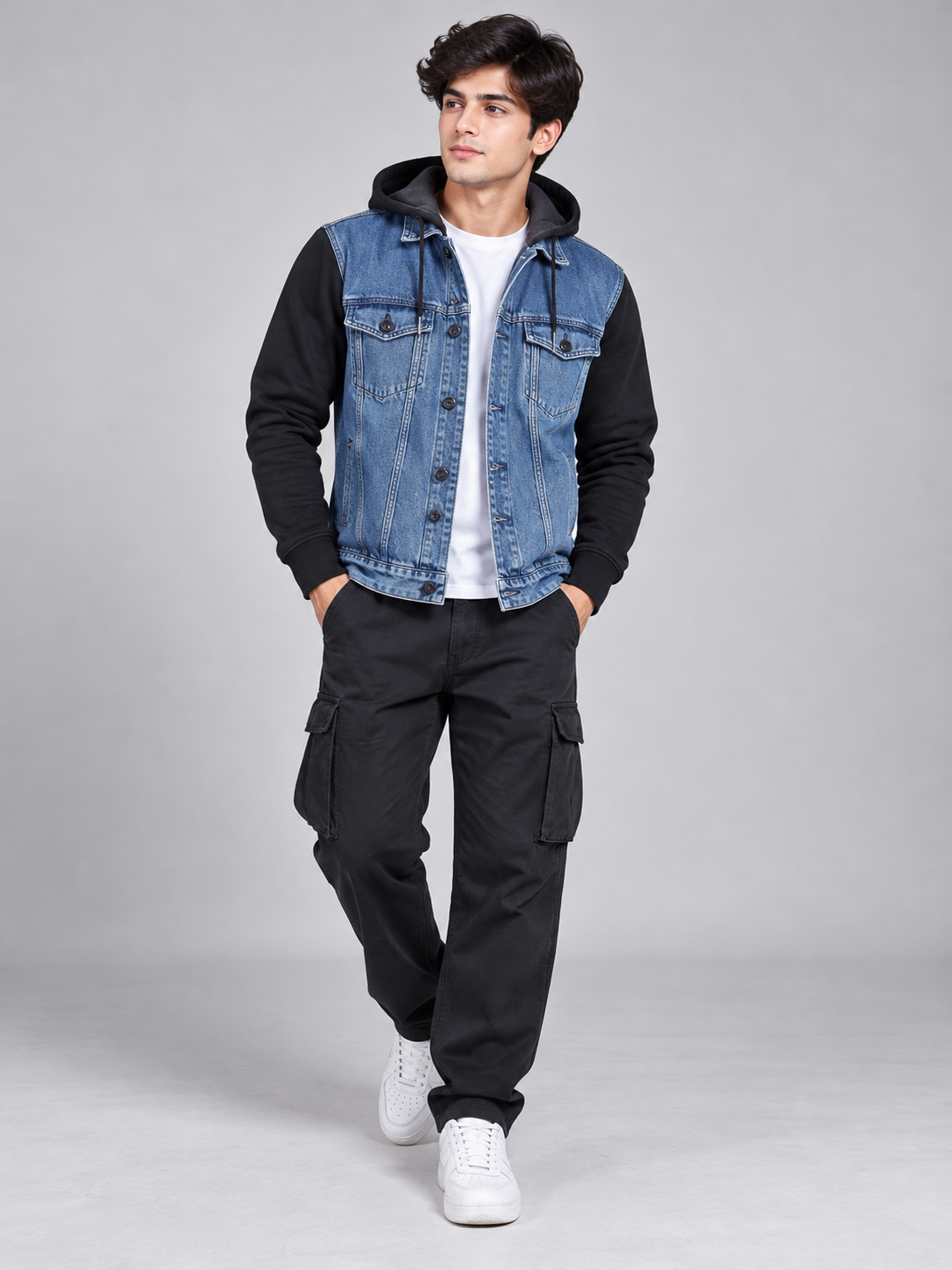 NEW LOOK Men's Blue Denim Hooded Jacket in UK Size S. Stylish black sleeves, attached hood and button-front design. Perfect for casual streetwear.