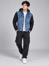 NEW LOOK Men Blue Denim Hooded Jacket with Black Sleeves